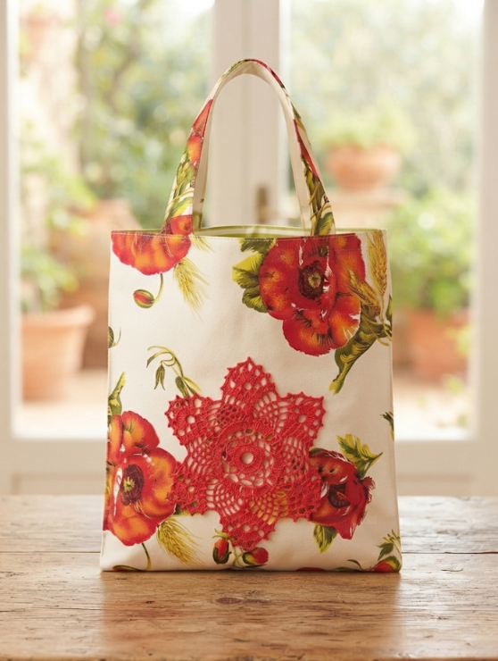 Borsa shopper floreale fatta a mano con dettaglio pizzo rosso