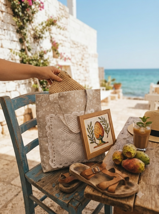 Borsa Centrino con applicazione centrino all'uncinetto su sedia azzurra con vista mare salentina