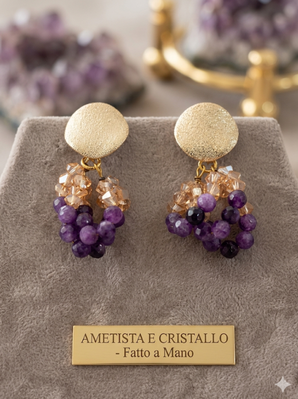 Orecchini Grappoli di Cristalli Ametista e Oro – Fatti a Mano