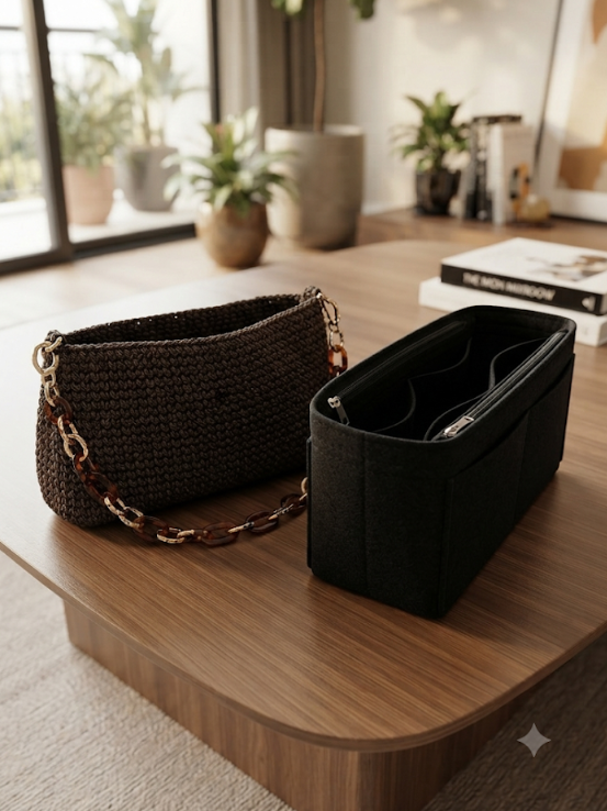 Pochette Talpa affiancata all'interno removibile in feltro nero con scomparti e cerniera, su tavolo in legno