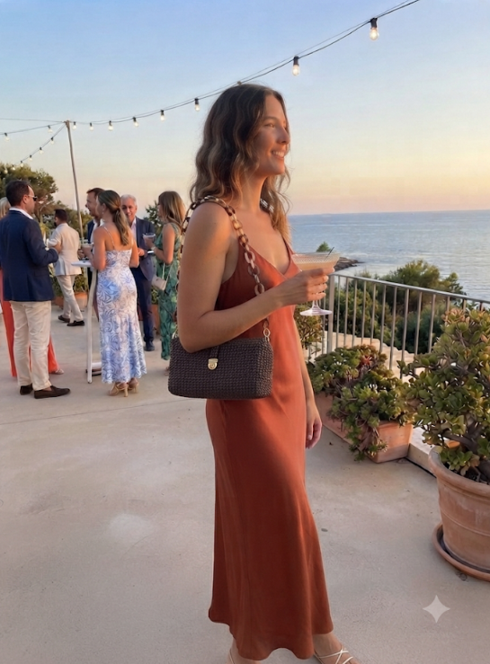 Pochette Talpa indossata a tracolla su abito ruggine a una festa in terrazza con vista mare al tramonto