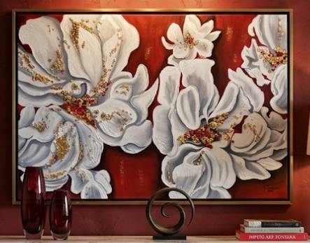 Quadro Fiori Bianchi su Sfondo Rosso
