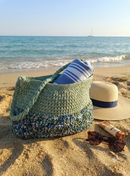 Borsa Verde Mare in rafia e tulle iridescente sulla sabbia con telo a righe e cappello di paglia