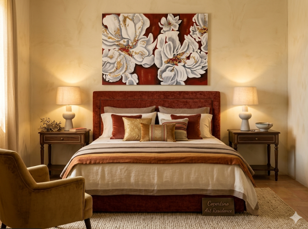 Quadro Fiori Bianchi su Sfondo Rosso