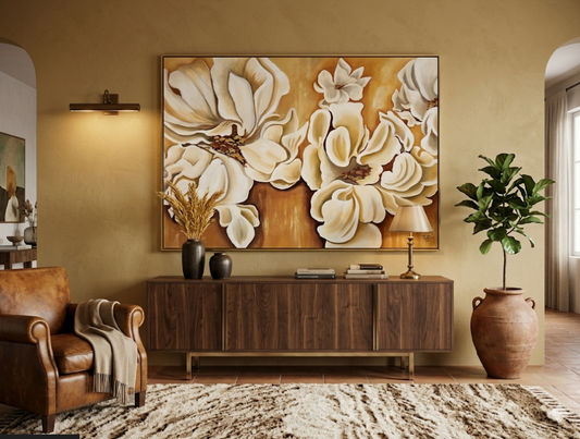 Quadro Fiori Bianchi su Sfondo Giallo