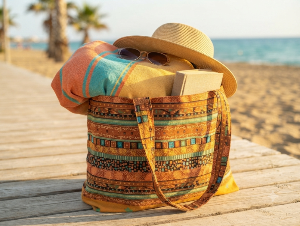 Borsa Etno Chic in cotone con rivestimento interno senape, stile etnico estivo