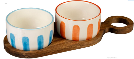 Stones — Set Aperitivo 2 Ciotoline Ceramica Bordo Colorato Ø9xh5 cm e Vassoio Acacia 27,5x9,5 cm